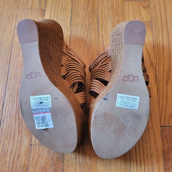 UGG 7.5 Leather Strappy Woven Wedge Heels 100712 MELINDA Suntan Cognac Espadrill - Picture 4 of 8